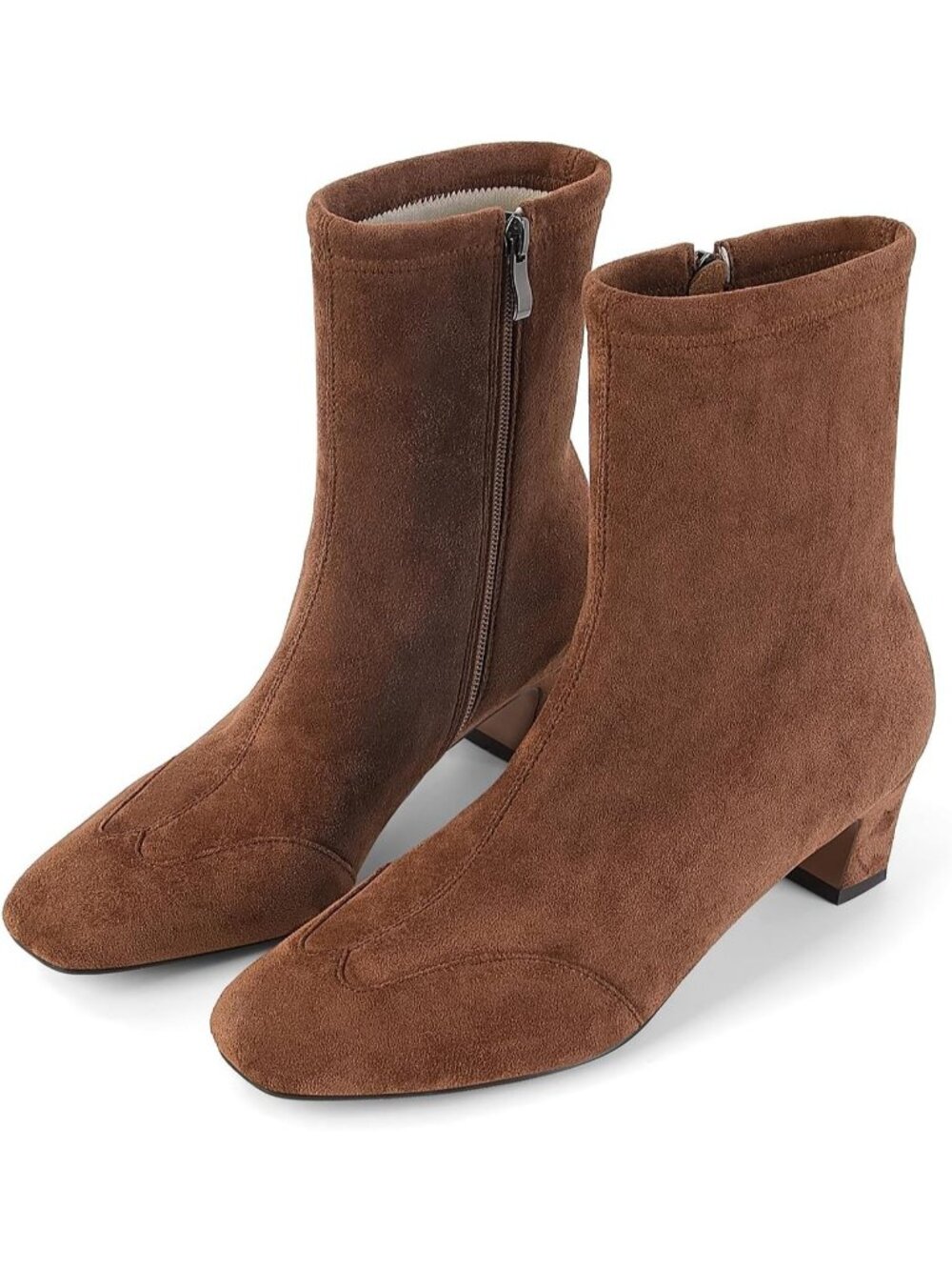 Women's Brown Suede Faux Leather Square Toe Low Heel Booties with Side Zipper